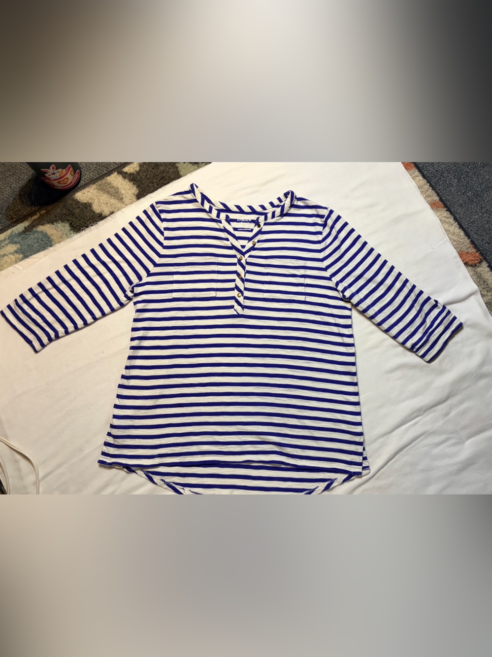 Chicos Ultimate Tee Striped Henley Top Blue White Cotton Modal Sz 1 Medium M
